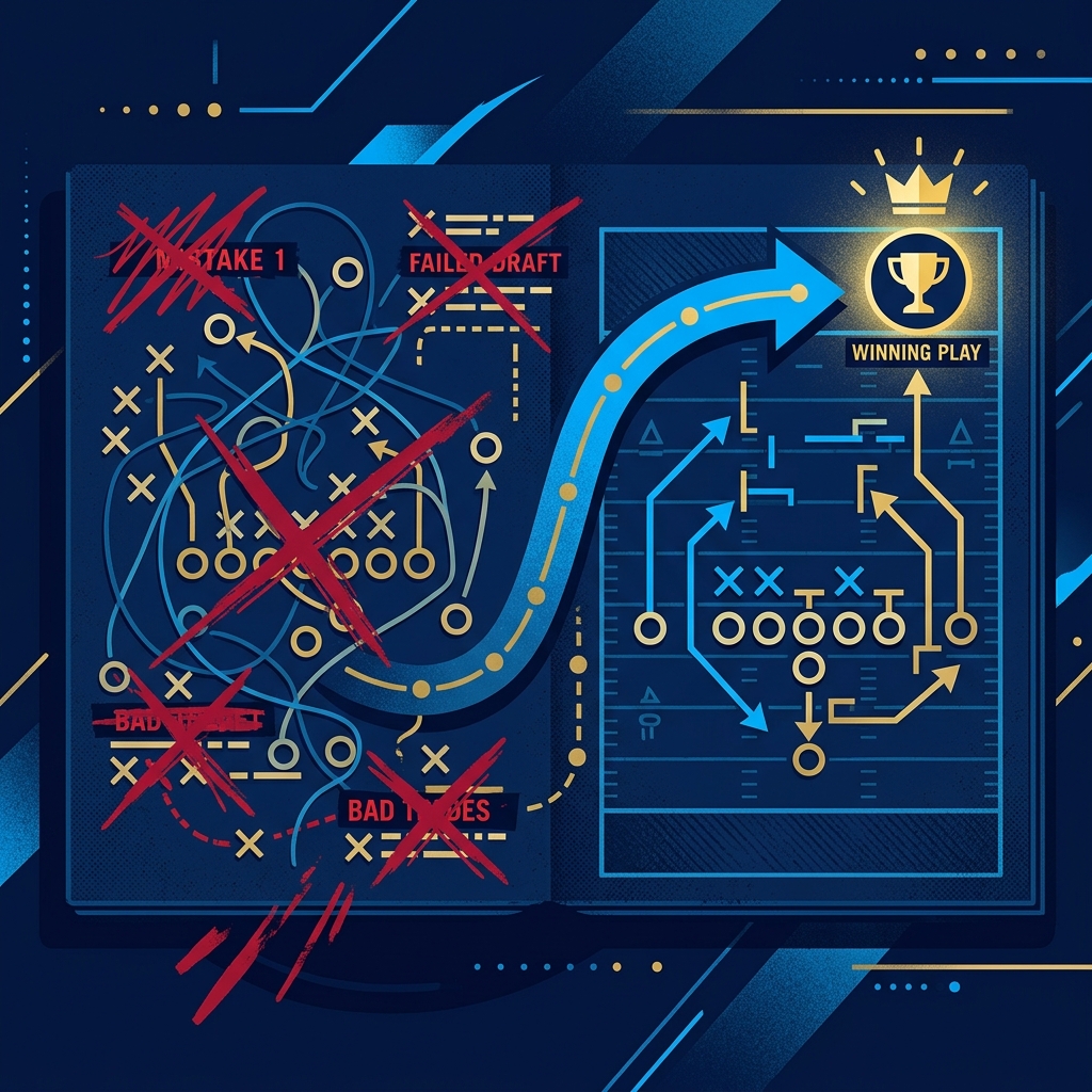 Abstract football playbook illustration showing crossed-out plays evolving into a winning strategy