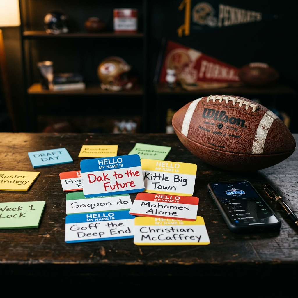 A dark desk covered with colorful sticky notes and 'Hello My Name Is' tags featuring funny, punny fantasy football team names next to a leather football.